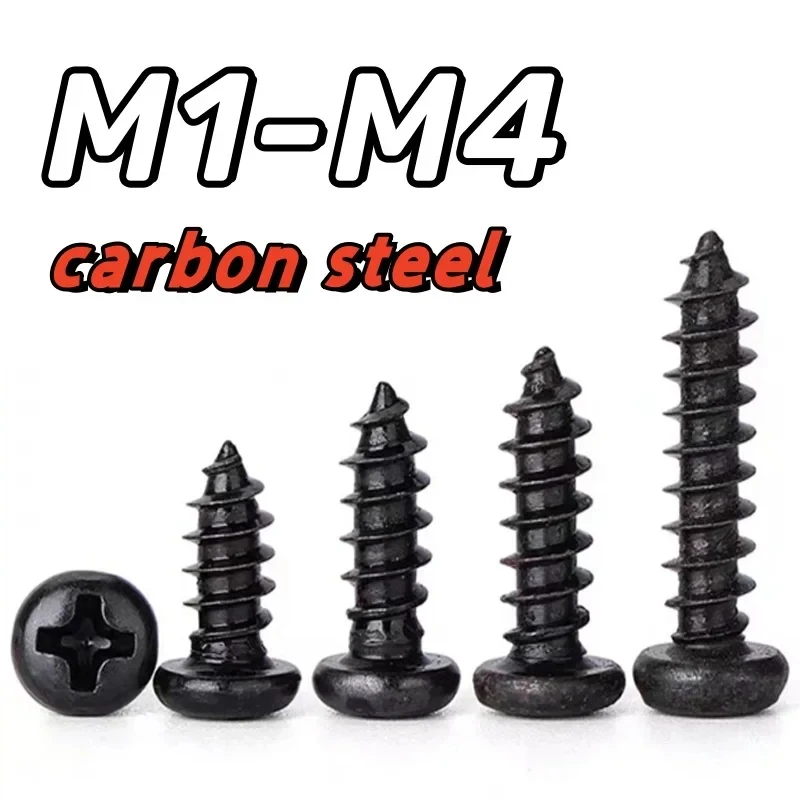 

M1 M1.2 M1.4 M1.5 M1.7 M1.8 M2 M2.3 M2.6 M2.8 M3 M3.5 M4 Phillips Round Head Self Tapping Screws Black Carbon Steel 50 500pcs