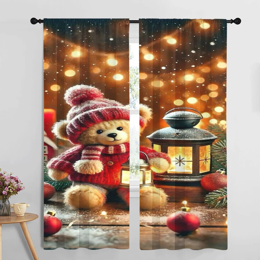 2PCS Christmas Winter Curtains, Teddy Bear Lantern, Digital Print, Bedroom Living Room Kitchen, Rod Pocket Polyester, Home Decor