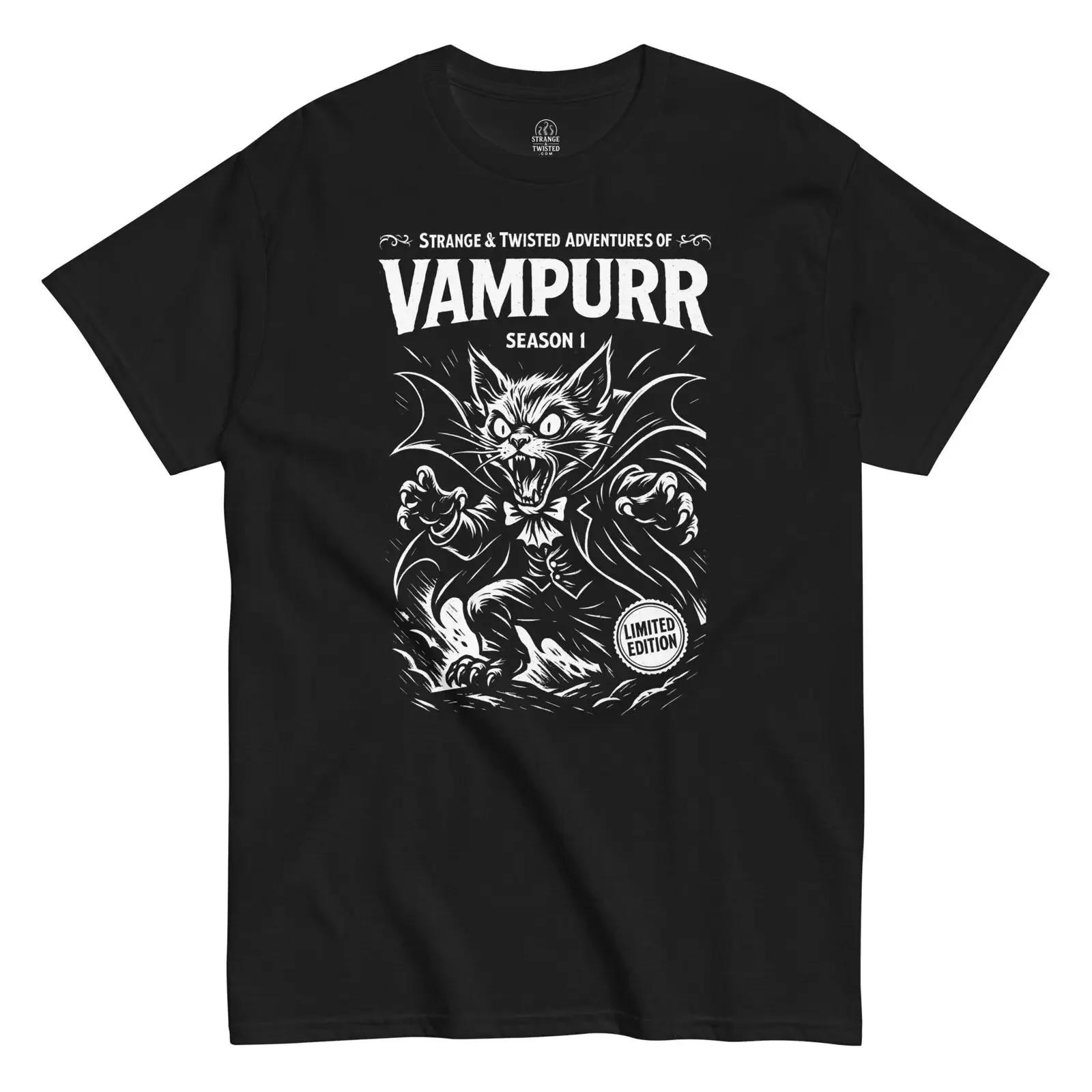 Black t shirt front with vampurr vampire cat gothic horror design vintage Washed Soft Casual streetwear graphic Versatile