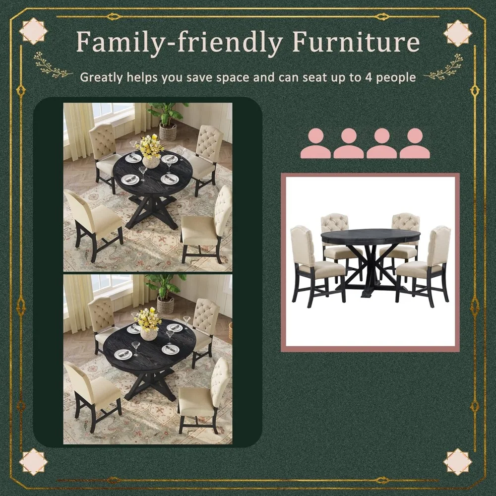 Retro Style 5-Piece Round Dining Table Set for 4,Round Extendable Table with 4 Upholstered Chairs for 4,Dining Room Table Set