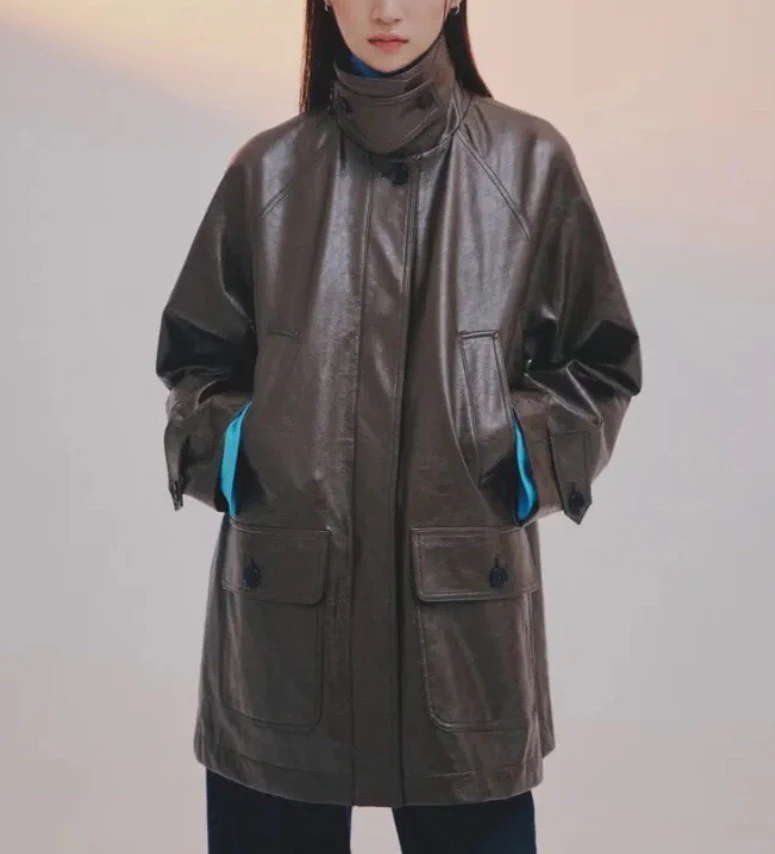 

Stylish Retro Lapel Medium Length Leather Jacket Women's Coat Autumn Winter New Arrival Tagkita Brand Button Decor Commute St...