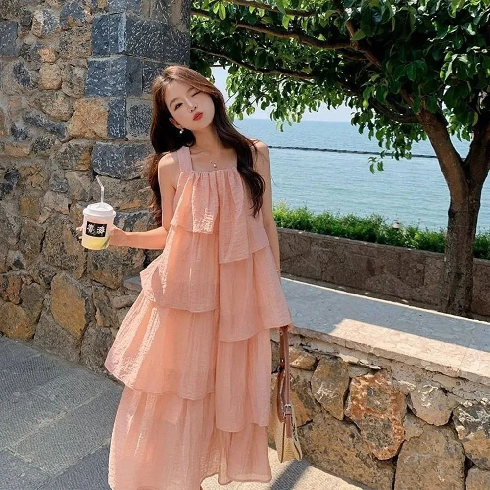 

2024 Summer New Suspended Cake Dress Women Sleeveless Strapless Midi Romantic Vacation Dresses Retro Fashion Long Pink Vestidos