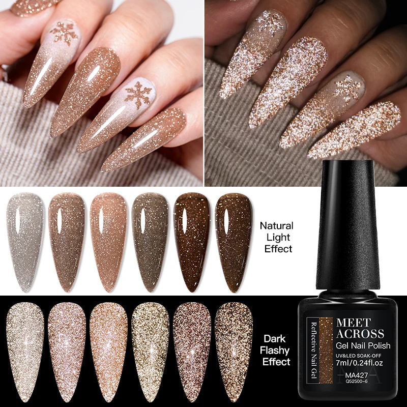 6pcs Coffee Brown Reflective Glitter Gel Nail Polish Set Dark Flashy Semi Permanent Soak Off UV Gel Varnish Nail Supplies Salon