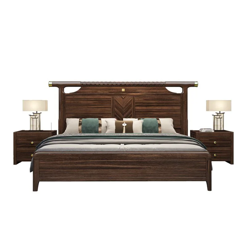 

New Chinese style, ebony wood, master bedroom, villa, double bed, high box, storage