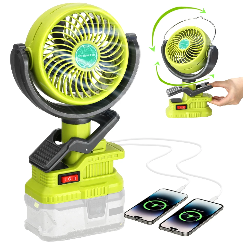 Portable Clip Fan for Ryobi 18V Battery, Cordless Battery Powered Fan with USB Charging, Adjustable Head for Job Site(Tool Only)