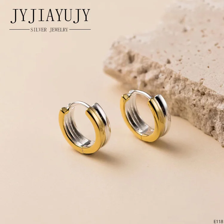 JYJIAYUJY 100% Sterling Silver S925 Hoop Earrings Two Color Double Circle Shape Trendy Hypoallergenic Women Jewelry Gift E118