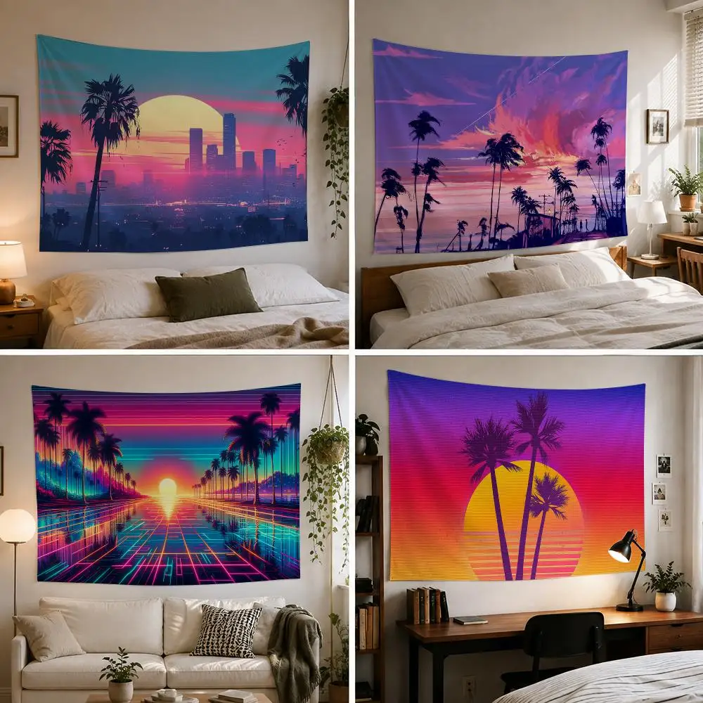 Sunset Palm Tree Tapestry Custom Living Bedroom Party Dormitory interior Wall bohemian Decoration Attached clip