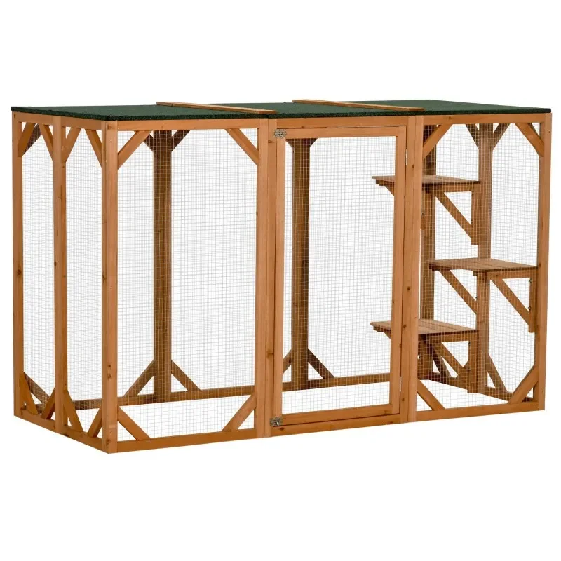 Wooden Feral Cat Shelter, Cat Cage with Platforms, Large Enter Door, Weather Protection Asphalt Roof, 71