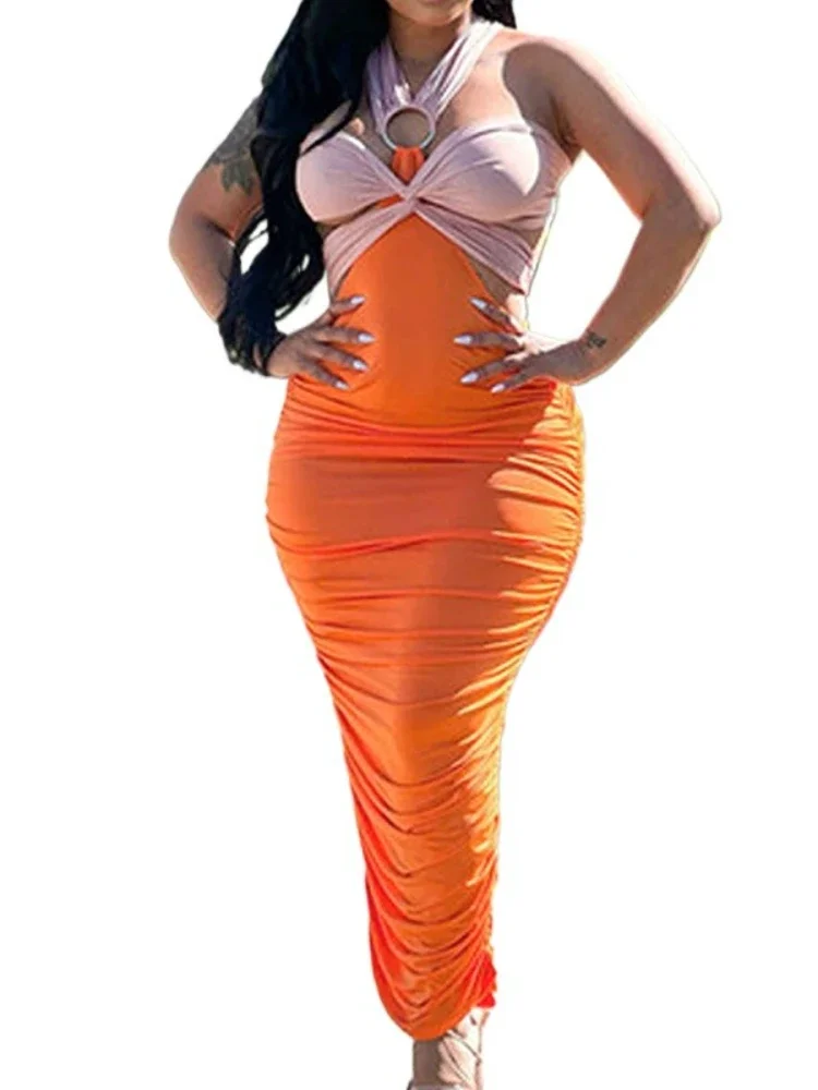 Women's Colorblock Off-Shoulder O-Ring Ruched Mid-Calf Bodycon Dress Sexy Design Casual Evening Dresses