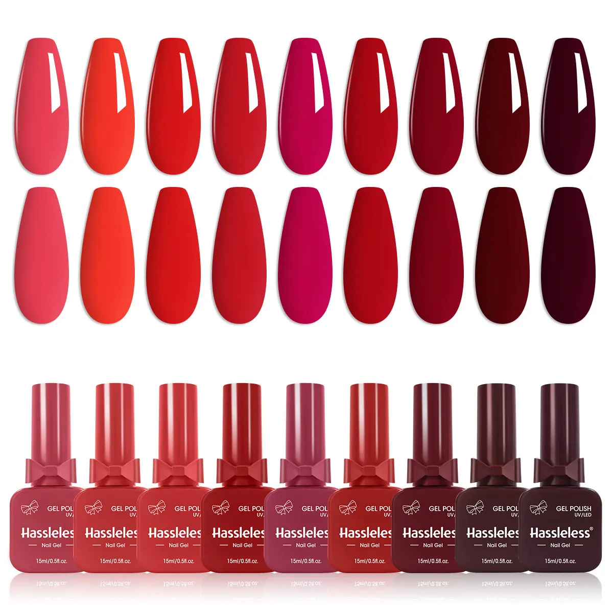 Hassleless 9-Piece Red Nail Polish Set, Presented in a Bow-Shaped Glass Bottle, Creates a Natural, Healthy Red Nail Polish. Quic