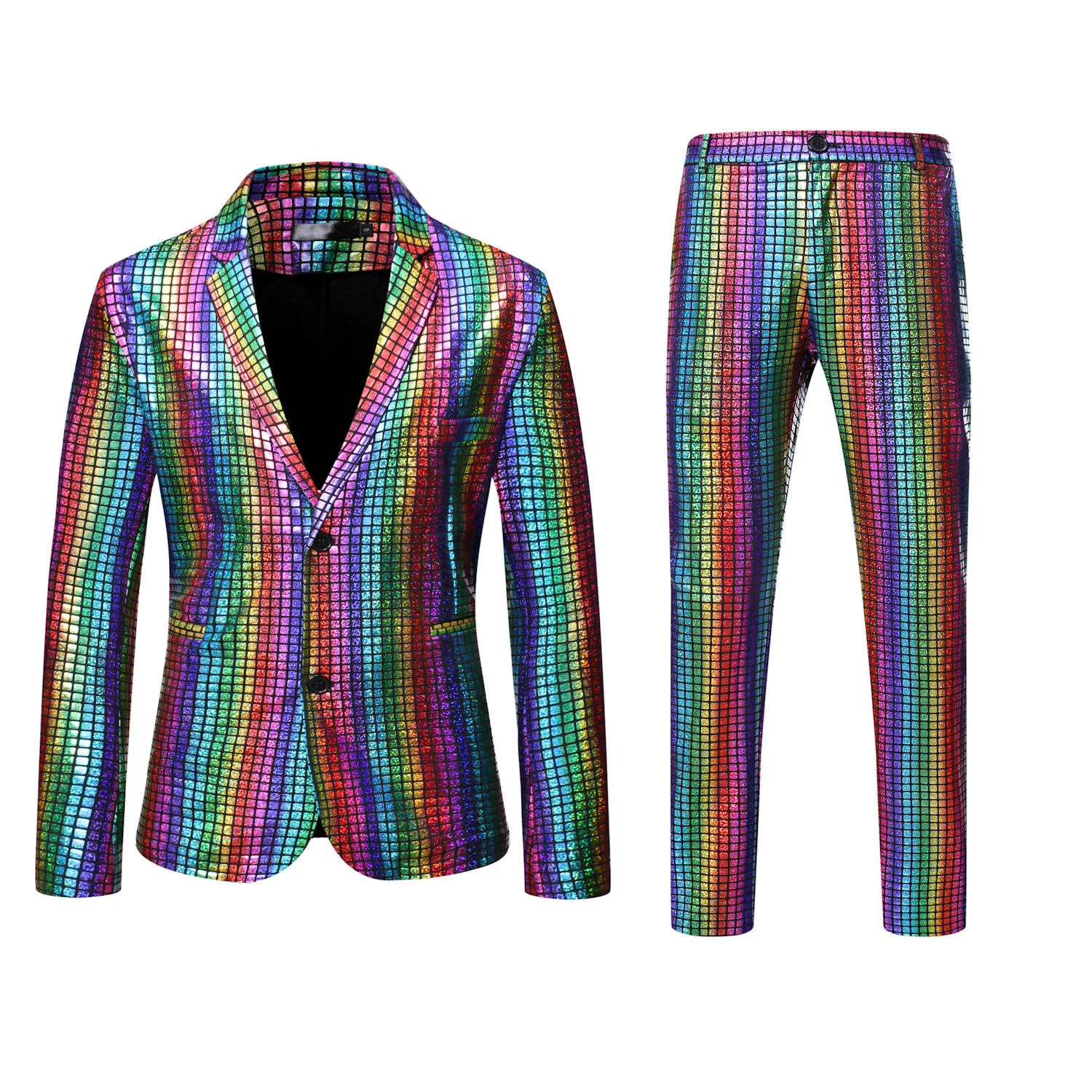 Men's Rainbow Sequin Disco Suit Metallic Sequin 2 Piece Set Shiny Grid Pattern Blazer and Pants for Party Stage Halloween Set