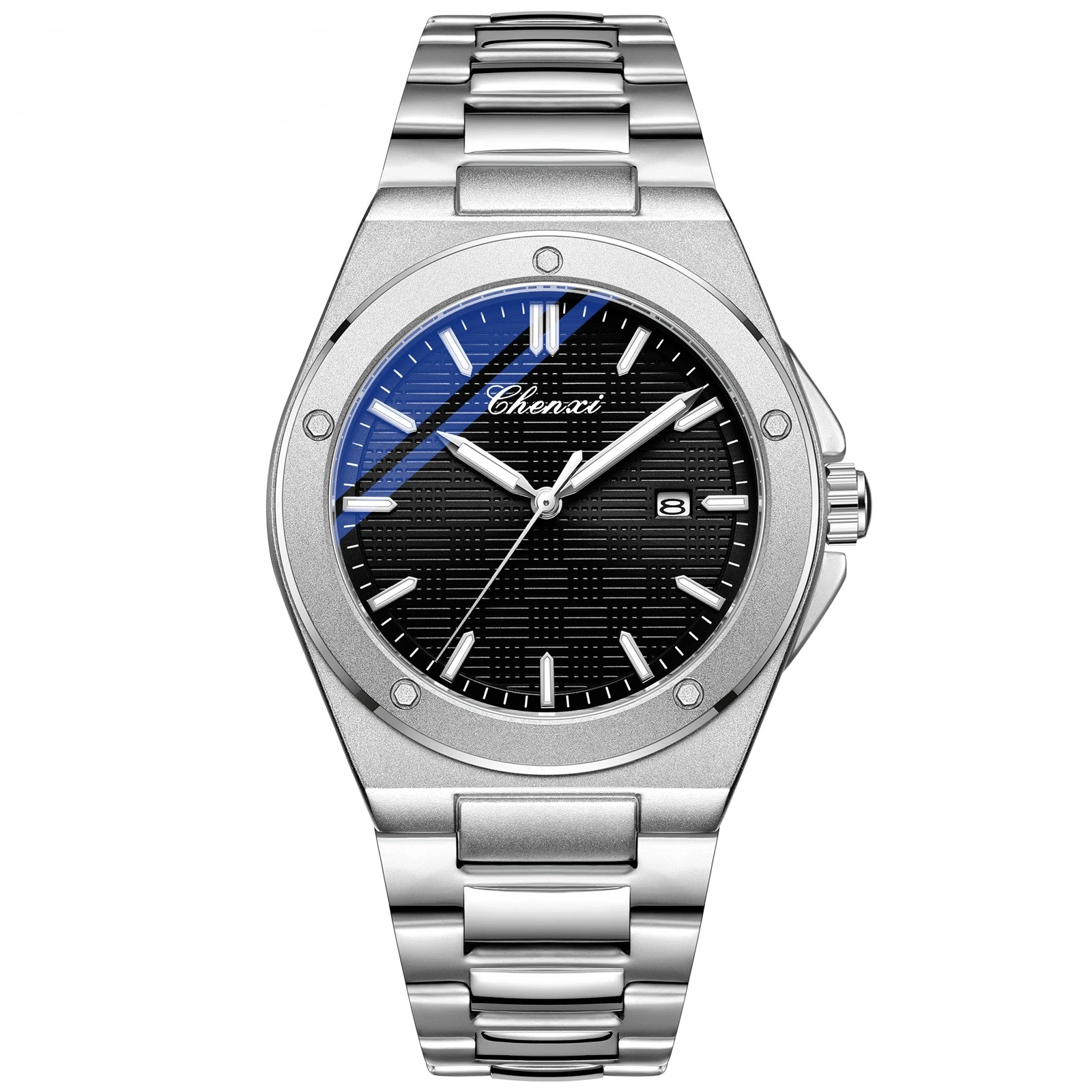 

Роскошные мужские серебряные кварцевые часы из нержавеющей стали с календарем, водонепроницаемые, модные повседневные наручные часы