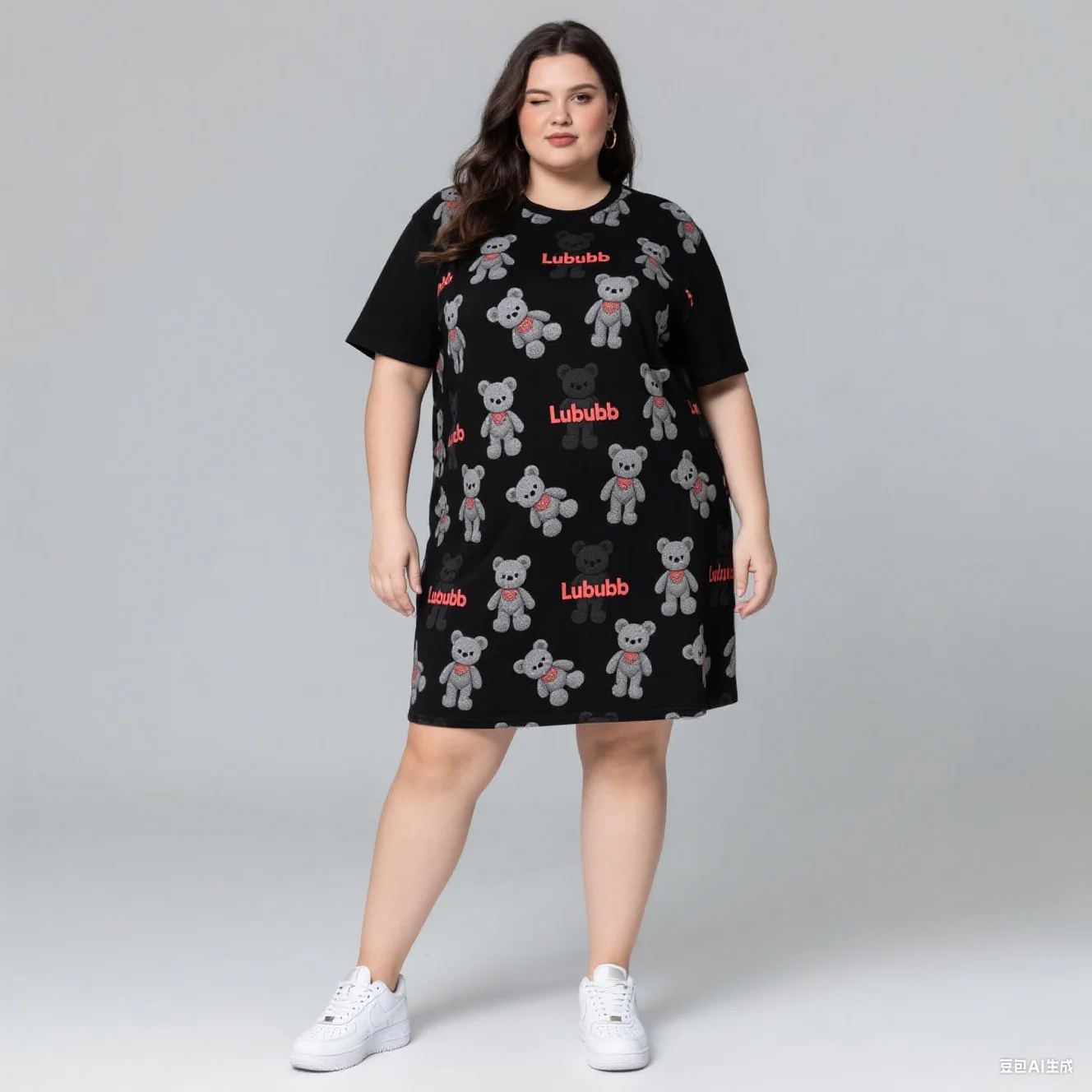 2025 Vestido de manga corta de talla grande para mujer con licencia de Disney, moda informal, muñeca de estilo, estampado de oso de peluche