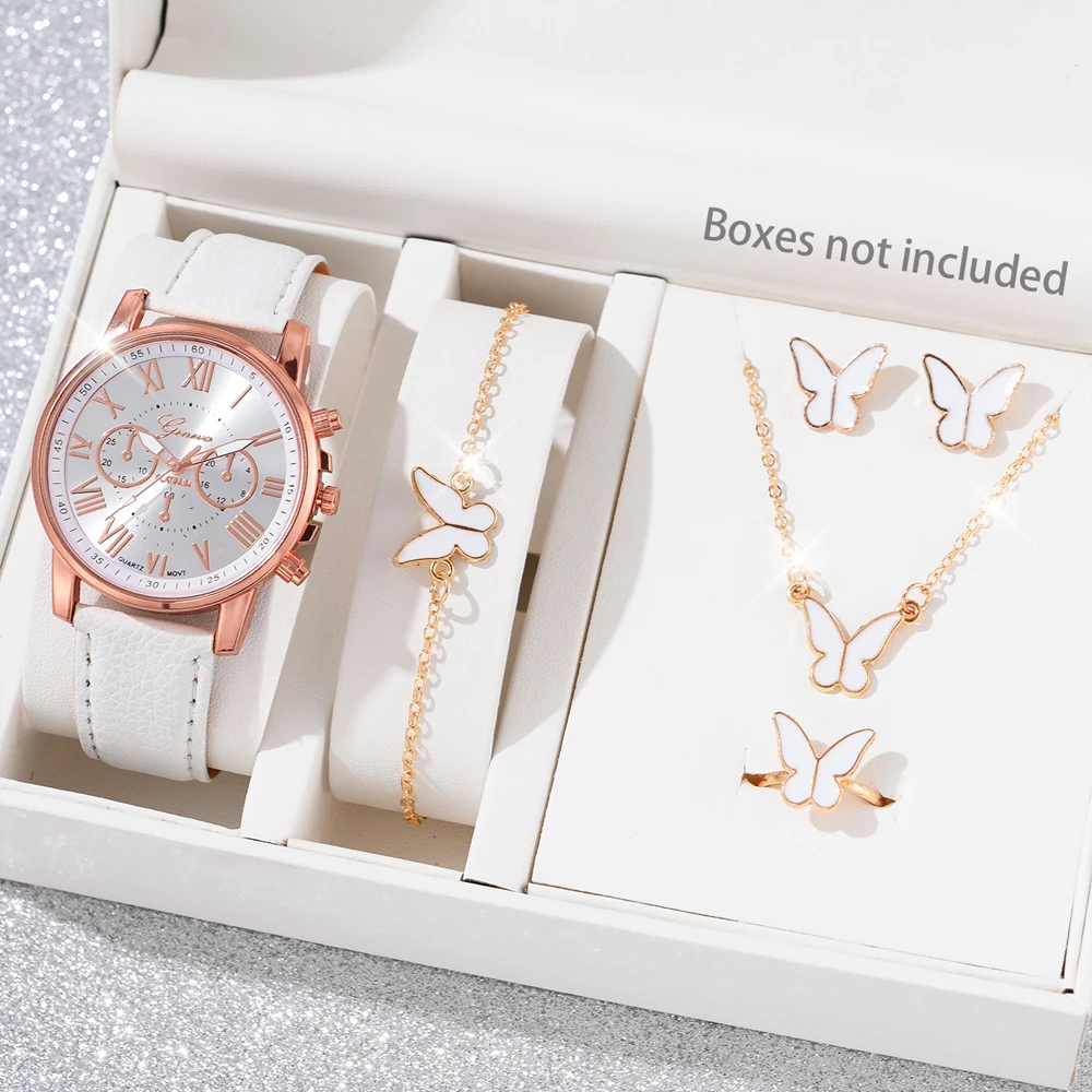 5Pcs Set Fashion Women Watch Butterfly Jewelry Set Watch Business Casual Leather Quartz Wristwatch Gift Relogio Feminino Clocks