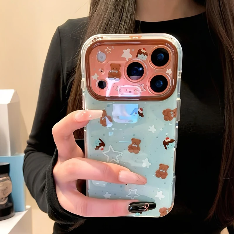 Stoßfeste Silikon-Handyhülle mit niedlichem Bären-Kuchen-Muster und Tintenspritzer-Design für iPhone 17 16 15 14 13 12 11 Pro Max