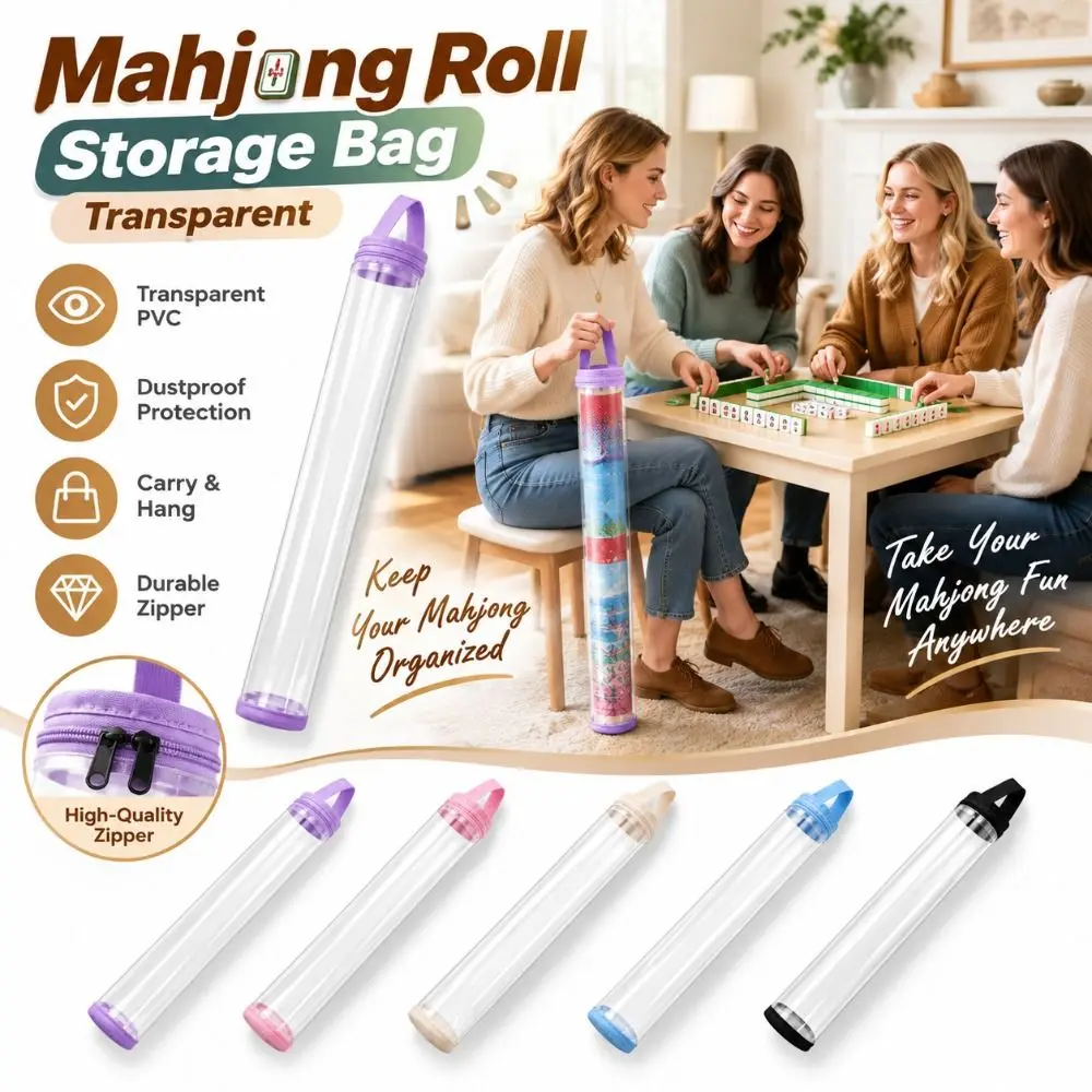 PVC Mahjong Mat Case Dustproof Transparent Mahjong Mat Holder Carry Handle Hanging Loop Mahjong Mat Storage Tube