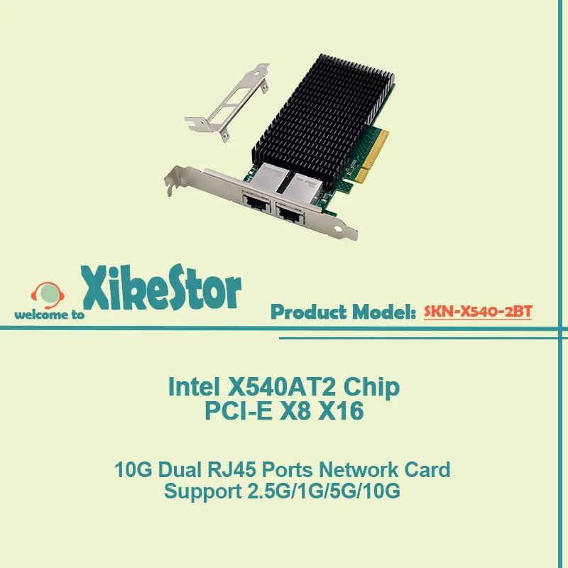 

XikeStor 10G Dual RJ45 Ports Network Card with Intel X540AT2 Chip PCI-E Slot Compatible with X8/X16 Support 1G/2.5G/5G/10G