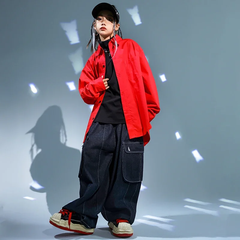 Kinder Hip Hop Kleidung Rote Jacke Mantel Casual Street Strap Cargo Hosen für Mädchen Junge Jazz Dance Kostüm Teenager Kpop Kleidung