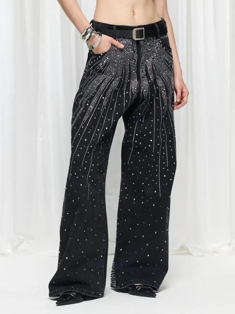 

2026 Spring and Autumn Diamond Wide Leg Pants Gypsy Rhinestone Fashion Jeans Women's Personality