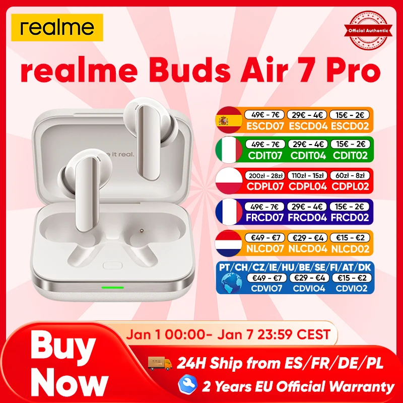 Version globale �couteurs sans fil realme Buds Air 7 Pro 53dB Real-time Noise Cancellation 11+6mm Dual-DAC Driver Al Live Translator