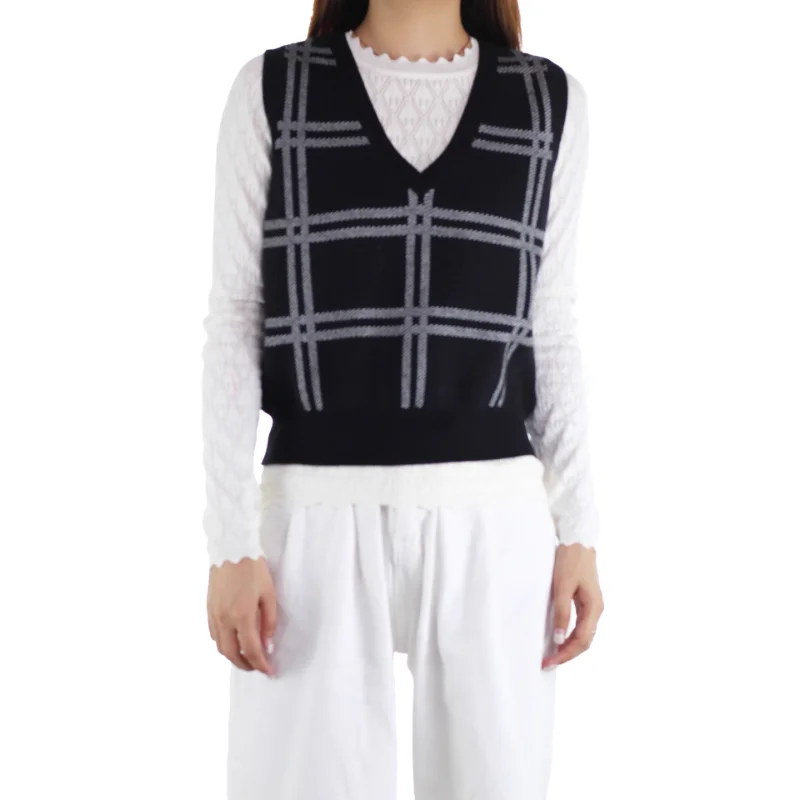 女性のファッションニットセーターベスト秋冬新スタイルアウターウェアインナーウェアノースリーブジレストライプチェック柄Vネックトップ