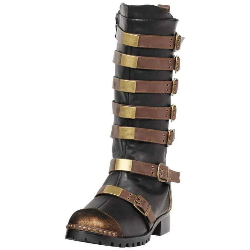 Men's Gothic Buckle Strap Combat Boots Mid-Calf Studded Biker Booties with Chunky Heel Edgy Footwear for Punk Rock Street Style