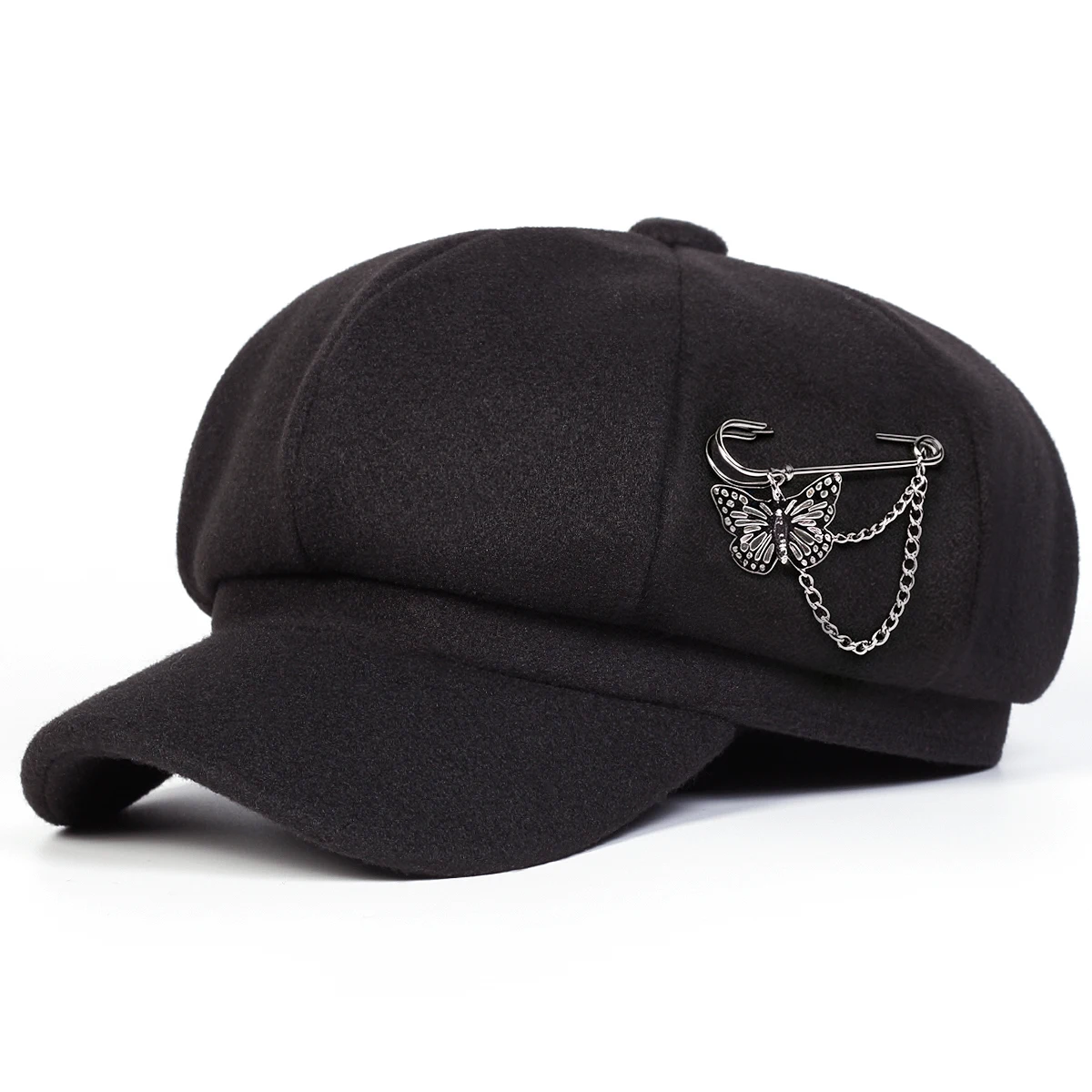 Unisex Butterfly Chain Pin Newsboy Hat Spring and Autumn Retro Beret Hats Wild Casual Hats Octagonal Cap