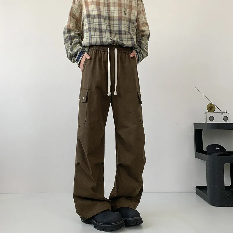 Fashion Men's Cargo Pants Wrinkled Long Straight Trousers Solid Loose Hip Hop Skateboard Biker Pants Man Black Beige