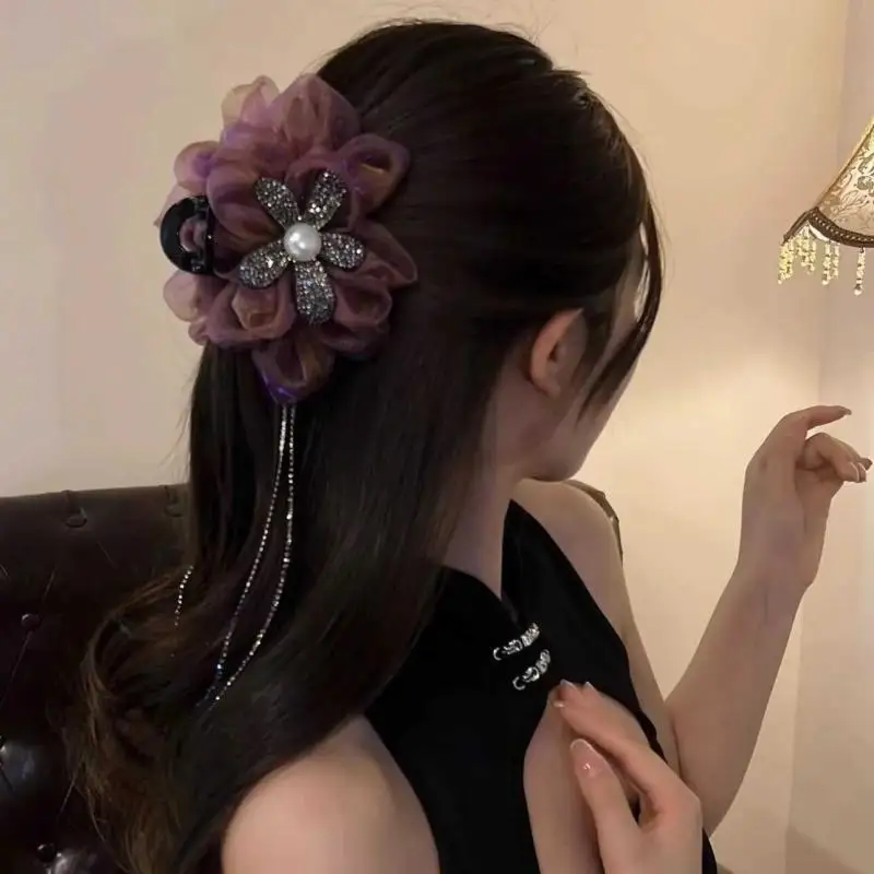 Weiblichen Koreanischen Stil Frauen Exquisite Strass Haar Zubehör Blume Quasten Puffy Haar Clip Haar Klaue Frauen Neue Kopfbedeckungen – Detail 2