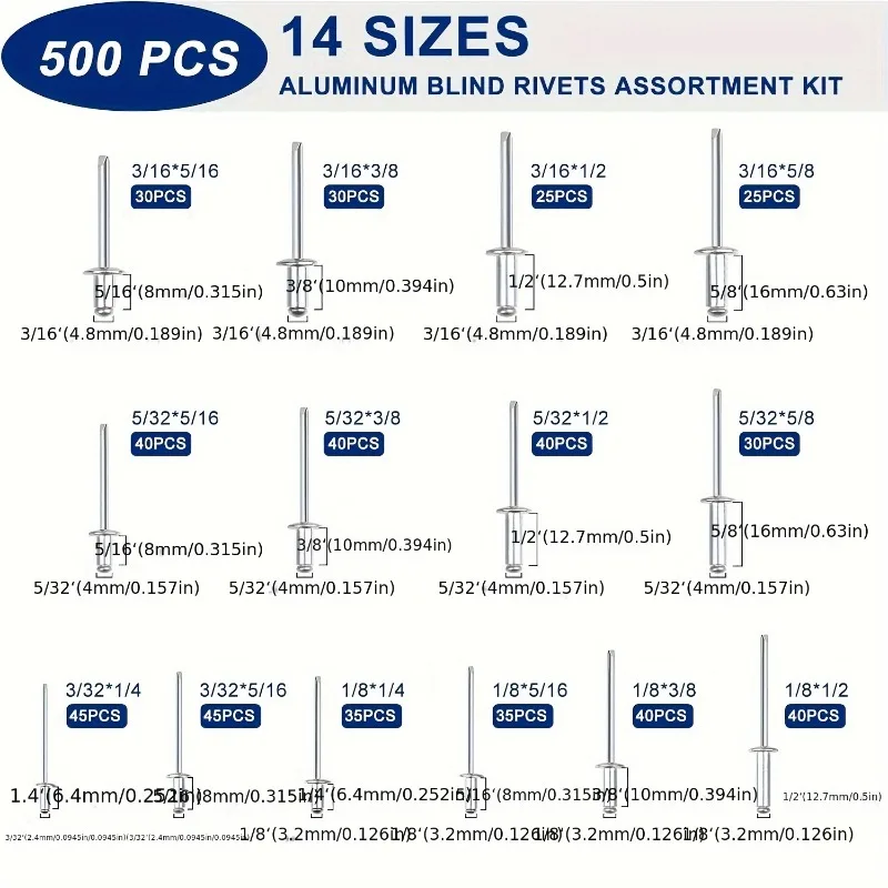 500Pcs Aluminium Pop Rivet Kit Half Round Head Blind Rivets Open K Type 3/32“ 1/8” 5/32“ 3/16” Hardware Tools for Mentalworking