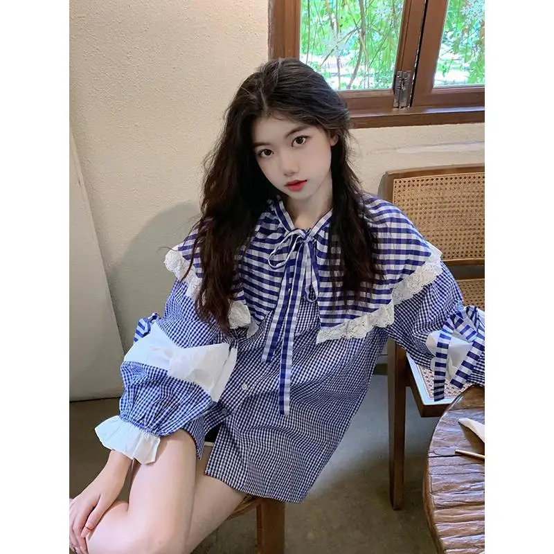 

Shirt Blue Plaid Doll Collar Spliced Lace Women 2024 Spring Sweet Loose Long Sleeve Blouse Korean Fashion Versatile Top