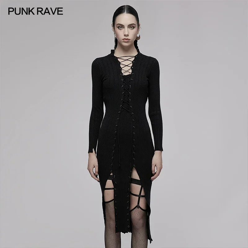 

PUNK RAVE Women's Gothic Sheath Multi Wearing Ways Dark Wool Knitted Dress with String Can Be Disassembled Sexy Black Dresses