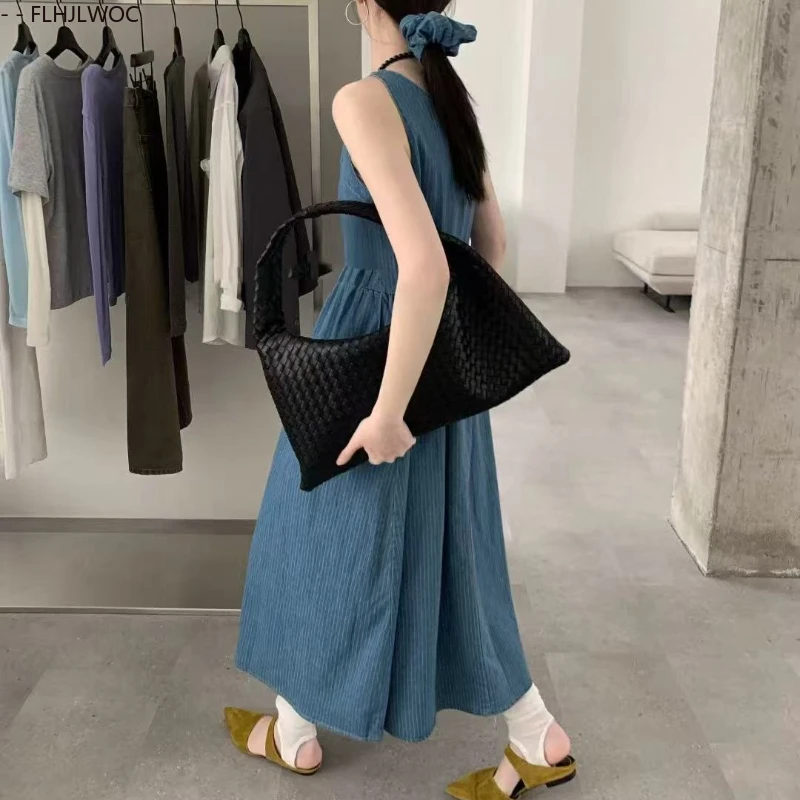 Algodão azul denim jean vestidos nova moda feminina 2025 verão data meninas rendas retro vintage listrado sem mangas colete vestido