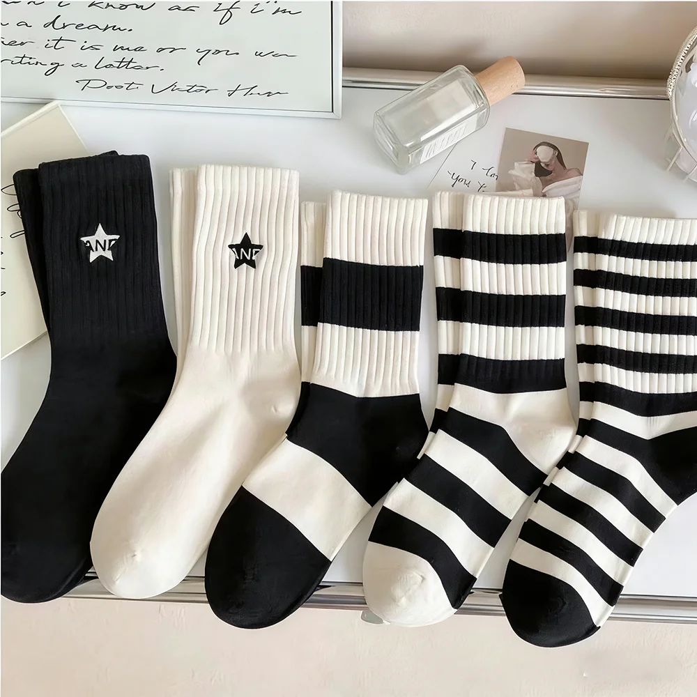 1pairs/5pairs Black and White Stripes Socks Breathable Sports Short Socks Women's Stockings  Hosiery Soft  Comfy All-match Socks