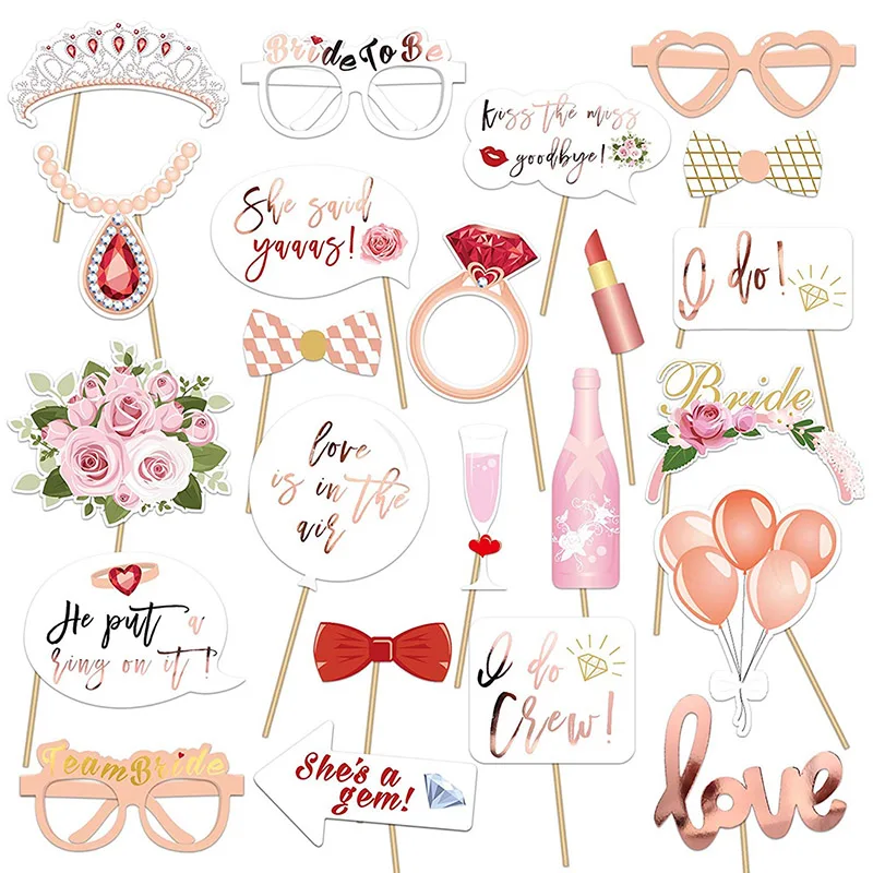 23Pcs Hen Party Photo Booth Props Team Bride Selfie Props Rose Gold Wedding Bridal Shower Hen Night Do Party Game Accessories