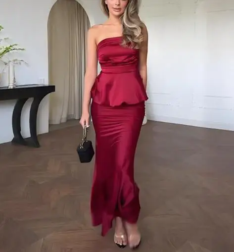 

2025 Spring/Summer New Women's Fashion Elegant Solid Color Sleeveless backless strapless Top Tight Fish Tail Long Dress Set