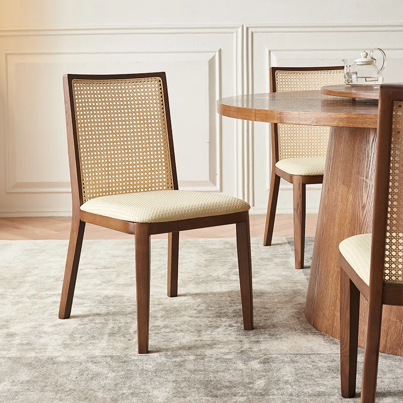 Nordic Solid Wood Round Dining Table with Turntable and Rattan Chair Set for Home Use