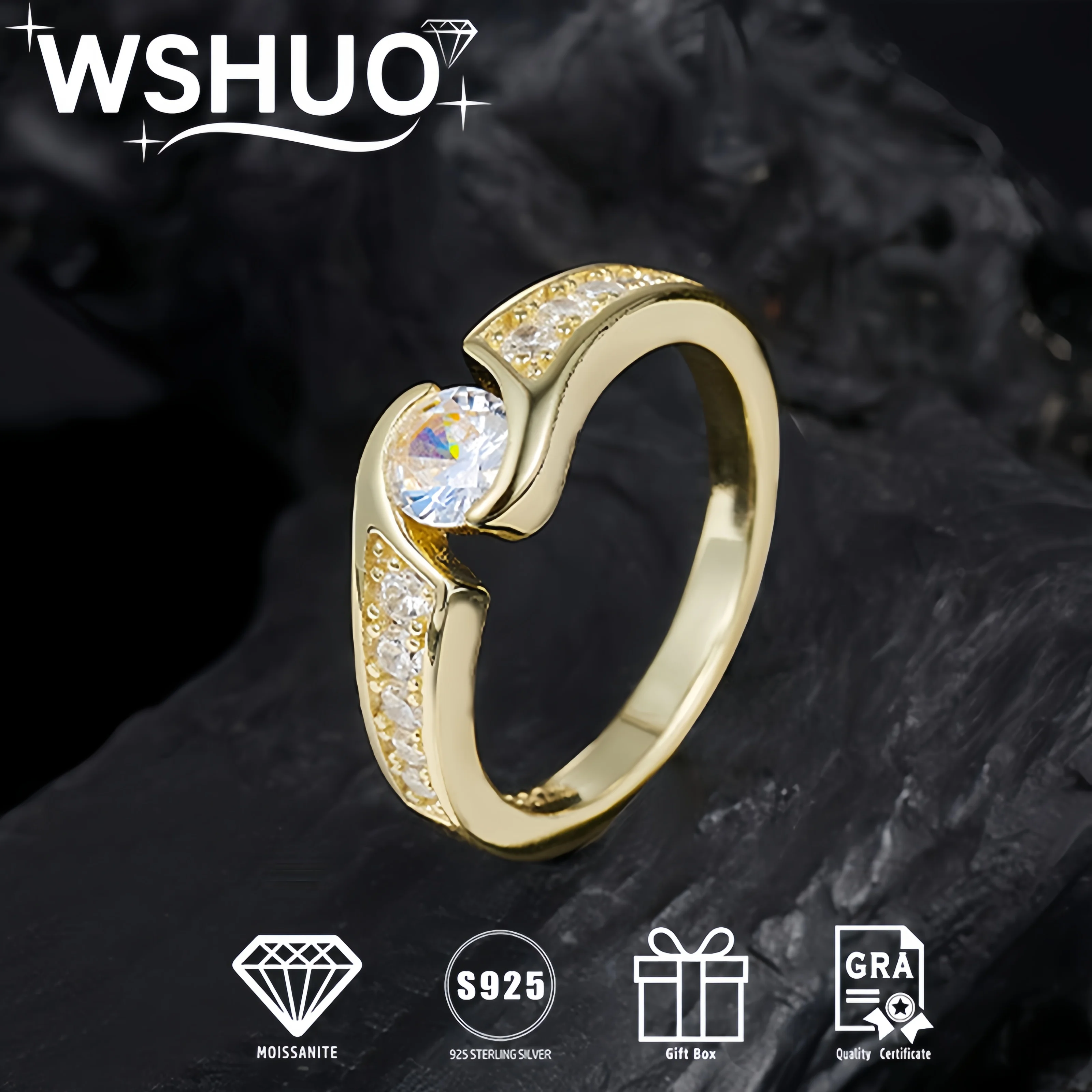 

WSHUO 18K Gold Plated 5mm Moissanite Rings 925 Pure Silver Men Women Proposal Ring Fine Jewelry Gift Wholesale