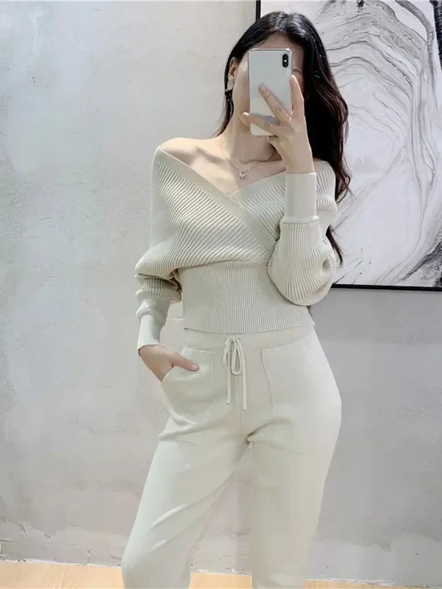 2 Piece Sets Women Knitting Outfits V Neck Pullover Sweater Pockets Drawstring Pencil Pants Slim Fit Suit Casual Knit Ensemble