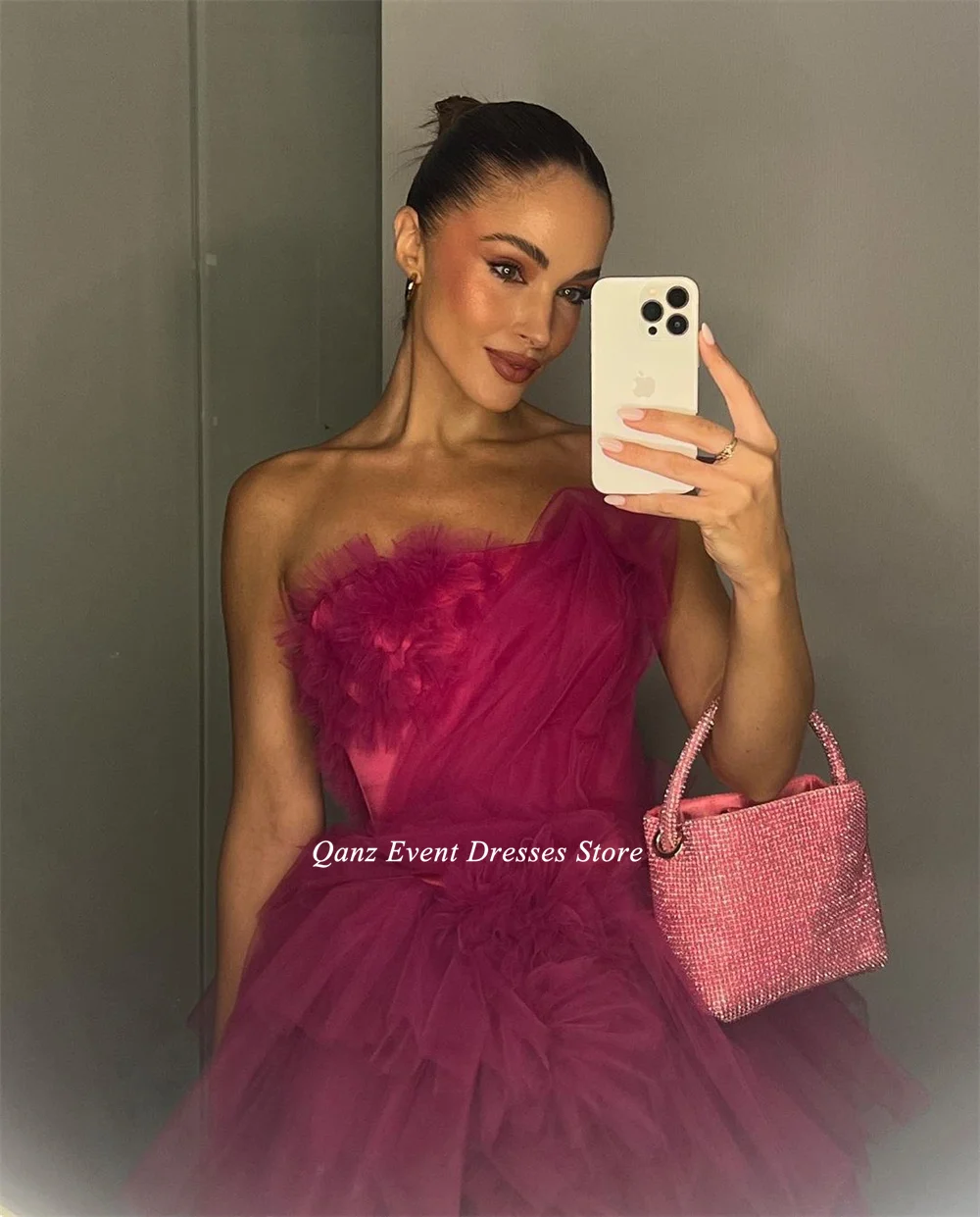 Qanz Modern Fuchsia Short Prom Dresses Tulle Strapless Mini Ruffles Pleat Homecoming Dresses Birthday Dress For Women Customized