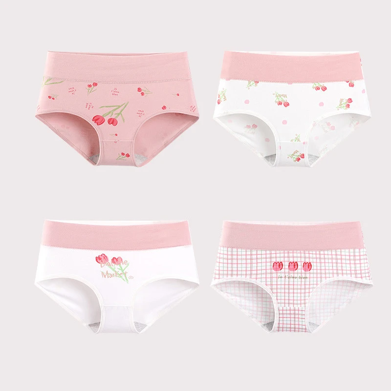 4Pcs Women Cotton Panties High Waist Underwear Fashion Print Girls Briefs Slim Underpants Breathable Sexy Ladies Lingerie M-2XL