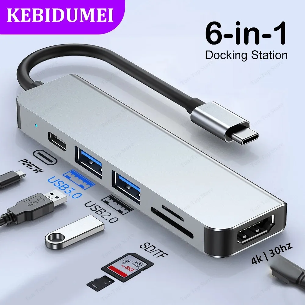 6-in-1 USB C 도킹 스테이션 유형 C 허브 유형 C-HDMI 어댑터 4K30Hz PD 87W USB 3.0 Macbook 용 5Gbps 고속 전송