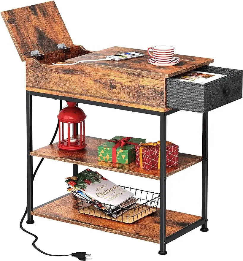  Narrow Side Table with 2 USB Ports and 2 Outlets Flip Top End Table with Drawer and Storage Shelves End Stand