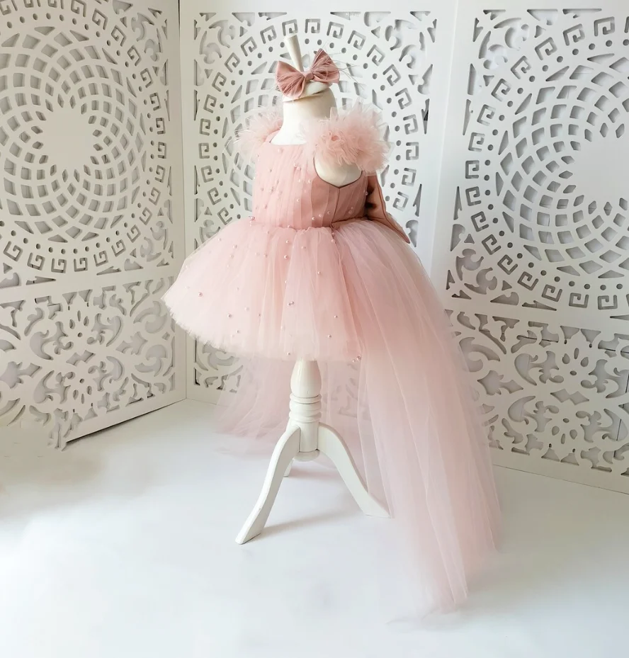 

New Pink Tulle Baby Girls Dress Party Gown with Big Bow Pearls Dresses Toddler Girl 1st Birthday Baby Set Princess Tutu Dress