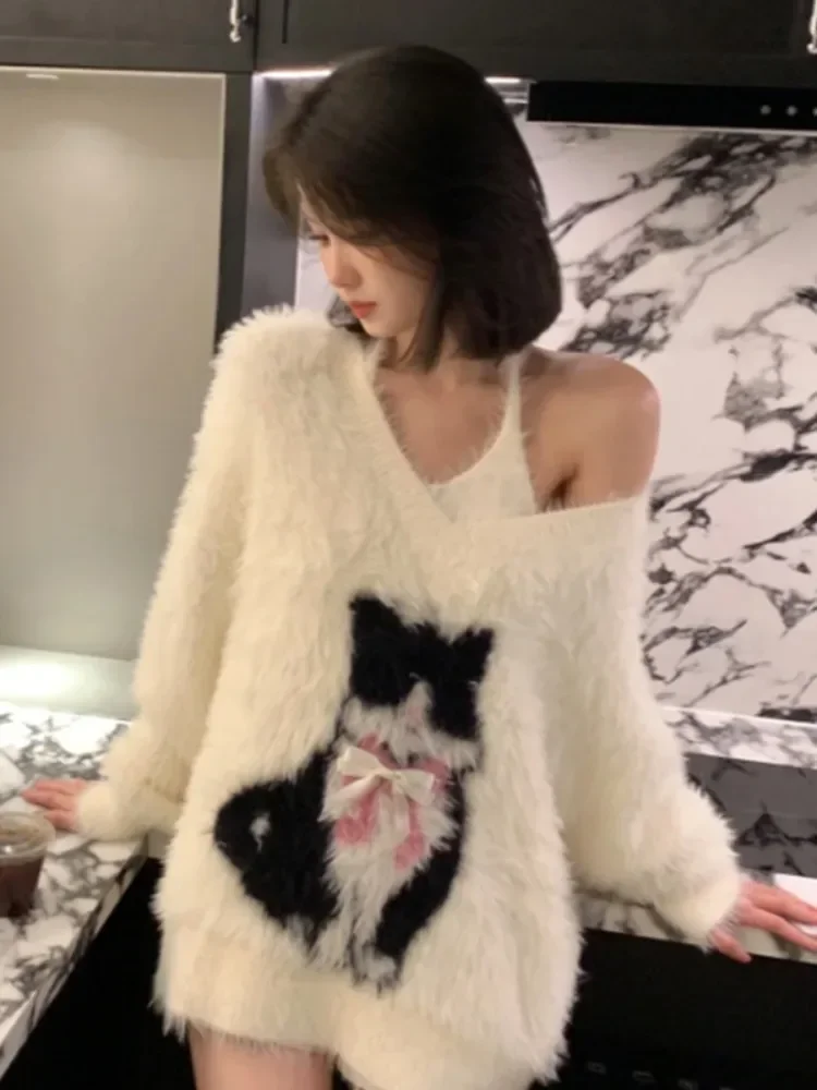 2023 Autumn Two Pieces Set Women Grunge Knitted Cartoon Cat Bow Pullover + Sleeveless Halter Solid Vest Y2k Aesthetic Fashion