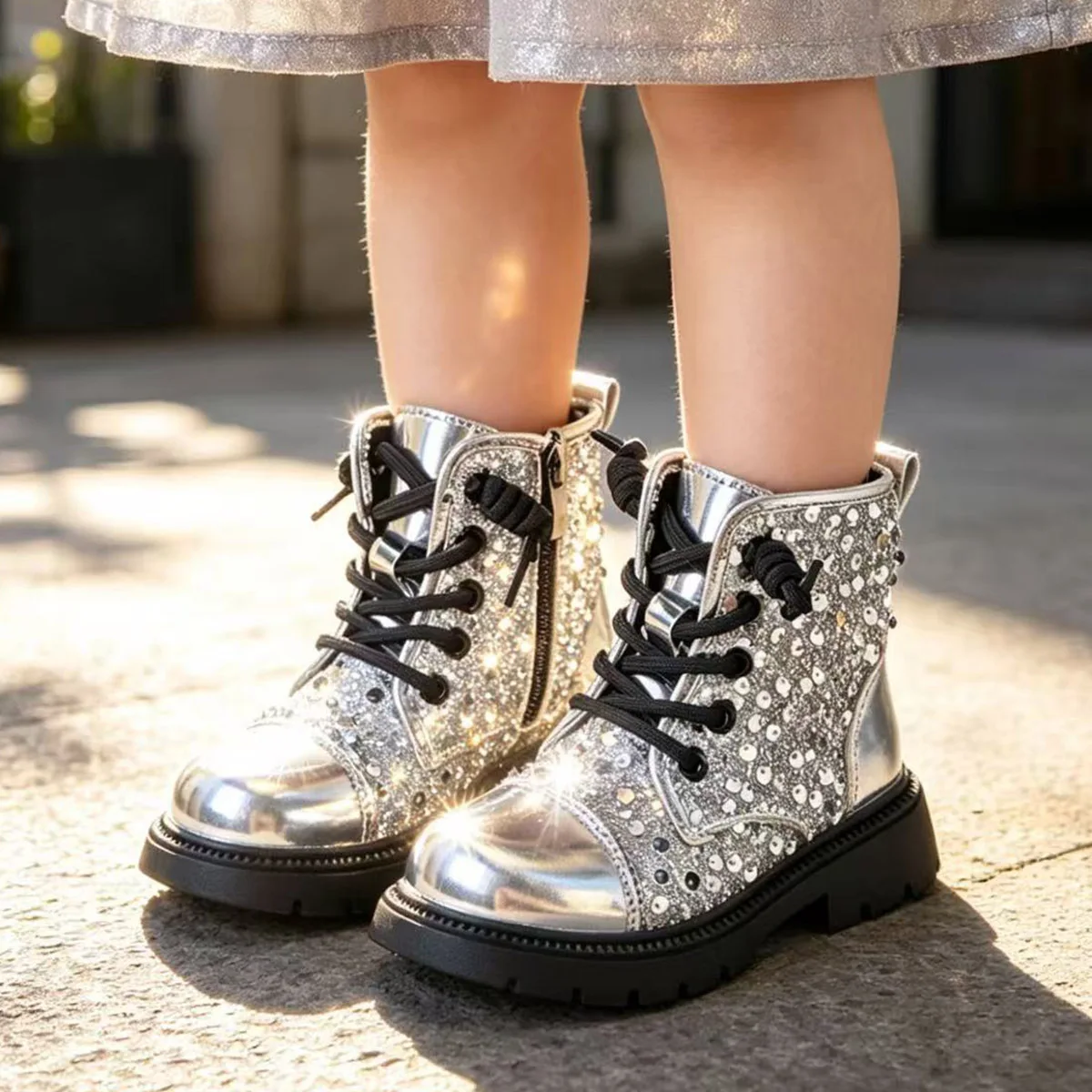 Girls Sequins Boots Patent Leather Kid Zip Shoes Splice Fashion Short Ankle Boot Child Autumn & Winter fleece-lined Footwear