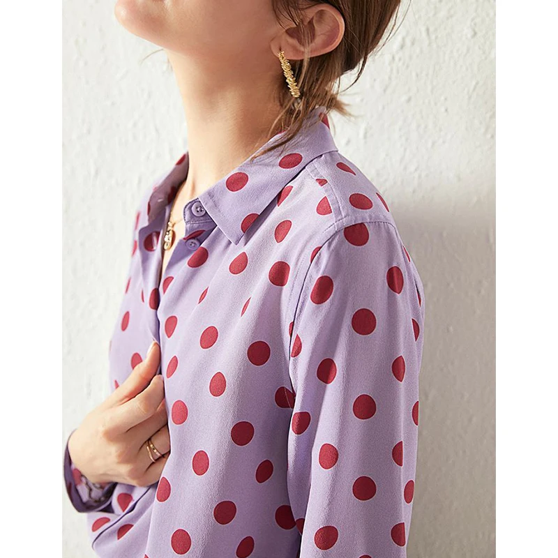 Spring Summer Fashion Polka Dot Printing Polo Collar Long Sleeve Shirts Women Simplicity Office Lady All-match Trend Purple Tops