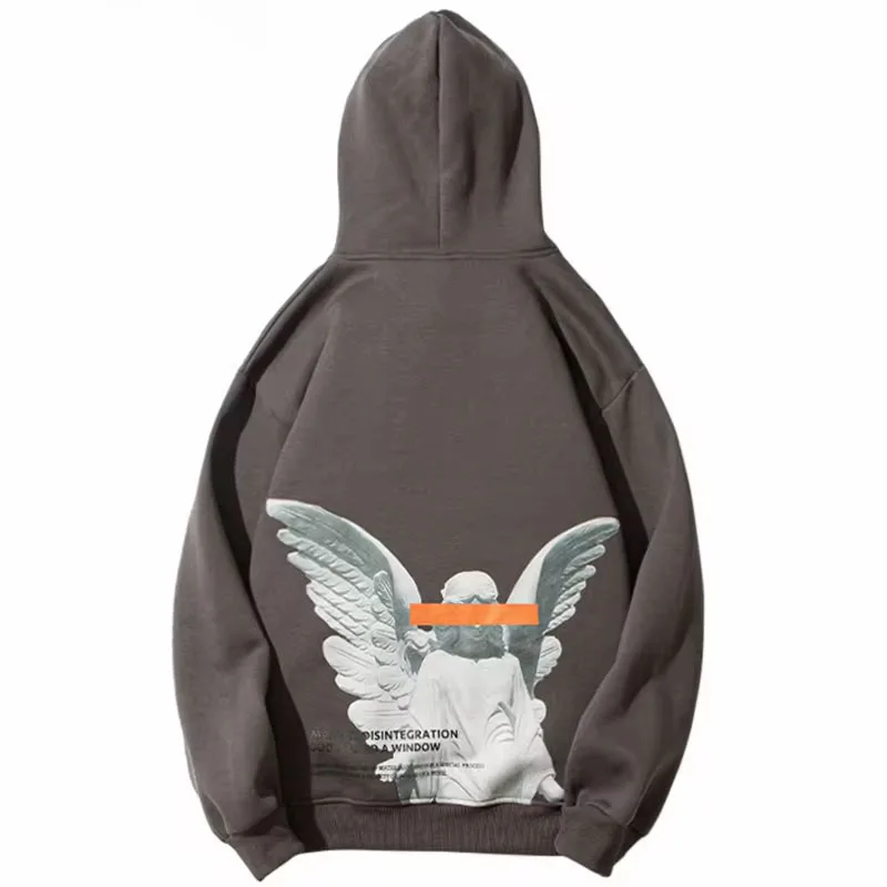 Mens 2024 Hip Hop Streetwear Harajuku Pullover Angel God Printed Hoodie Pocket Cotton Fleece Pullover Grey Hooded Sweatshirt