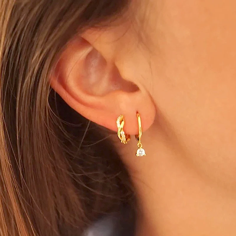 925 Sterling Silver Ear Needle Hoop Earrings Crystal Circle Small Huggie Earrings for Women Simple Females Girls Jewelry
