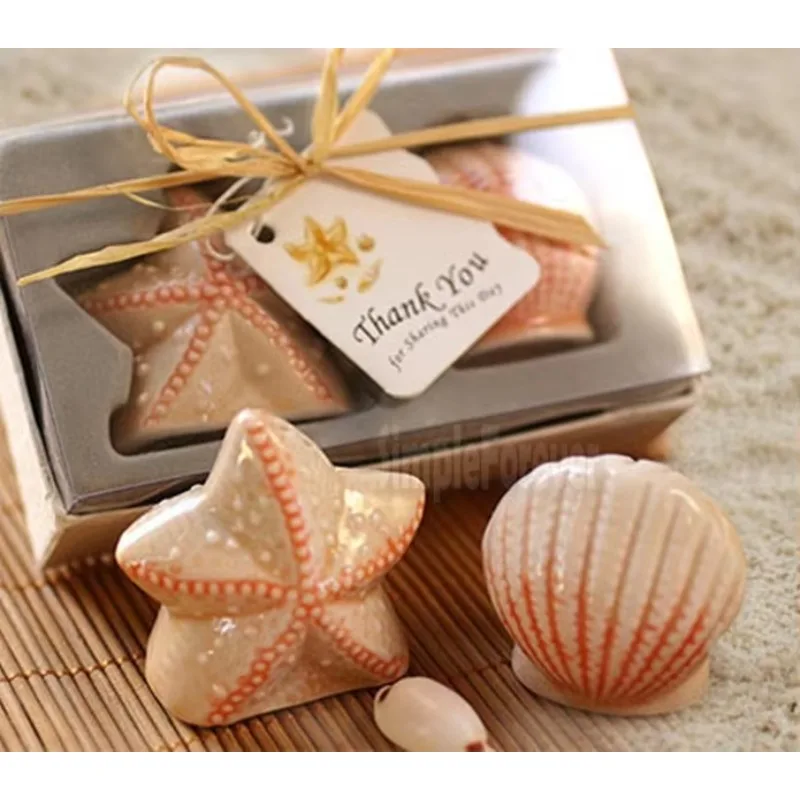 100pcs=50boxes Starfish Sea Shell Salt Pepper Shakers Favors Beach Themed Wedding Party Favors And Gifts For Guests